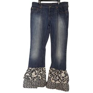 Abercrombie & Fitch Ruffle Hem Jeans Sz 8S Denim Boho Mixed Print Flare Coquette